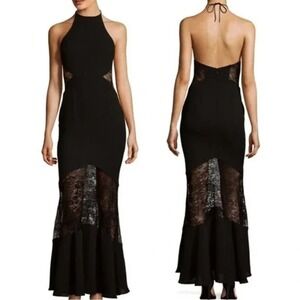 Womens Fame And Partners Chantilly Halter Floor Length Backless Black Lace Dress